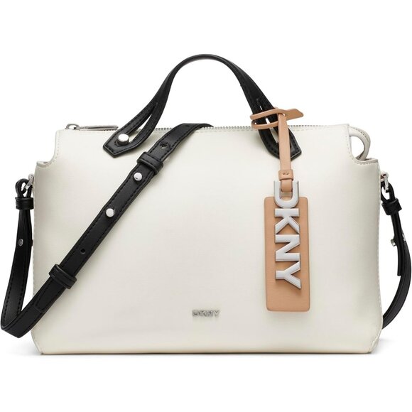 Louisa Women's Medium Satchel Bag with Adjustable Straps and Logo Tag in Marshma